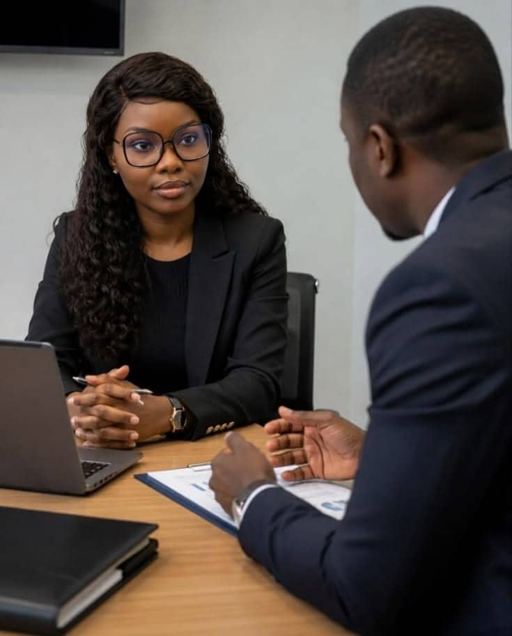 Entretien entre une conseillère et un client dans un bureau
